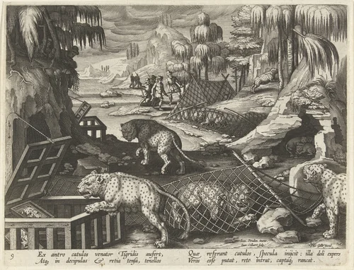 Jacht op luipaarden met spiegels by Unknown, print, 1594-1598