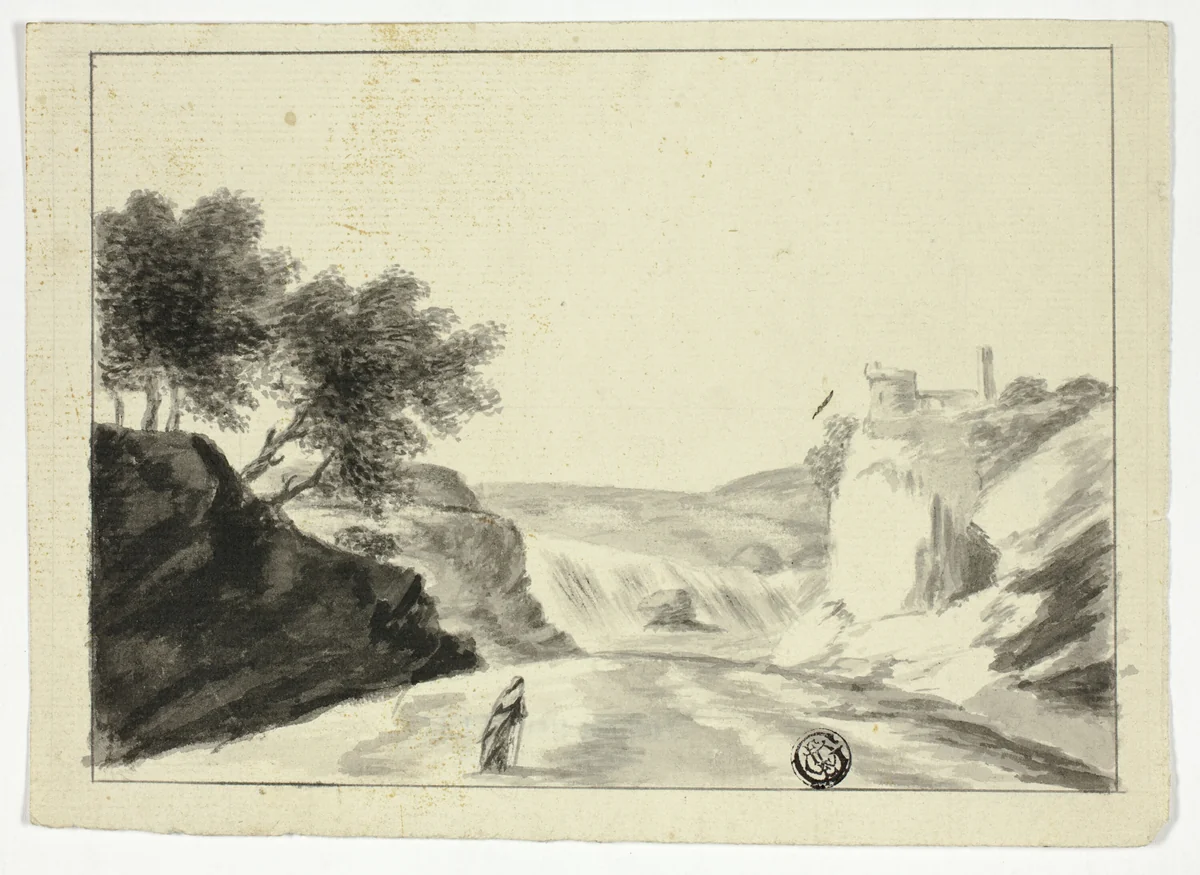 Draped Figure in Landscape with Castle on a Cliff by Unknown Artist, drawing, 1700-1799