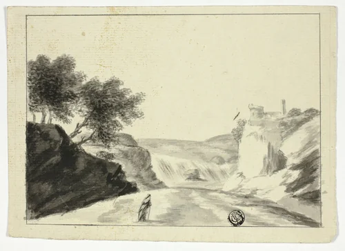 Draped Figure in Landscape with Castle on a Cliff by Unknown Artist, drawing, 1700-1799