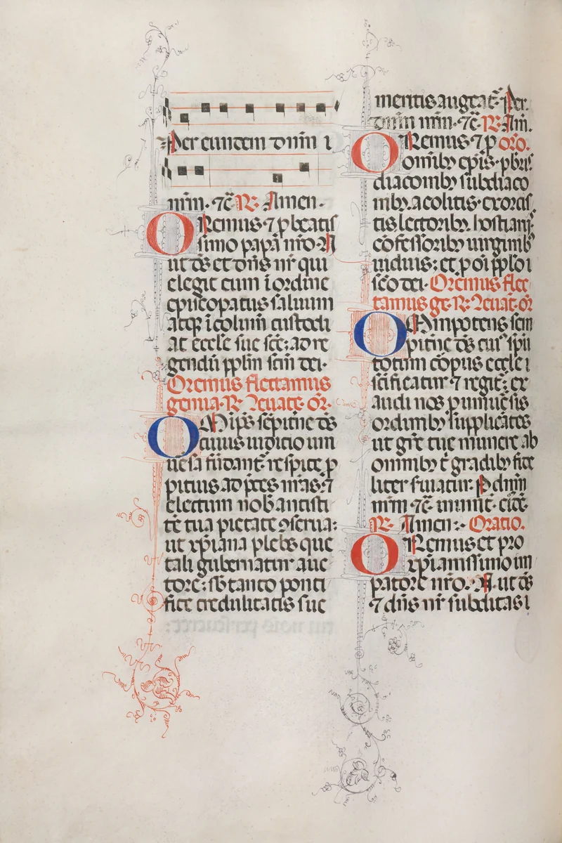 Missale: Fol. 146v: Music for various prayers "Oremus dilectissimi..." and "Omnipotens sempiterne Deus" by Bartolommeo Caporali, book, 1469