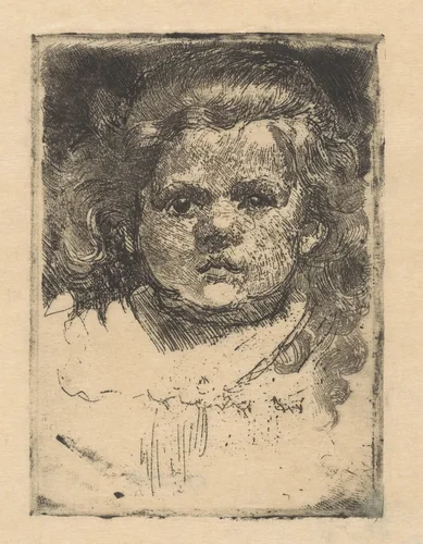 Portret van M.A. van Houten als kind met krullend haar by Barbara van Houten, print, 1877-1950