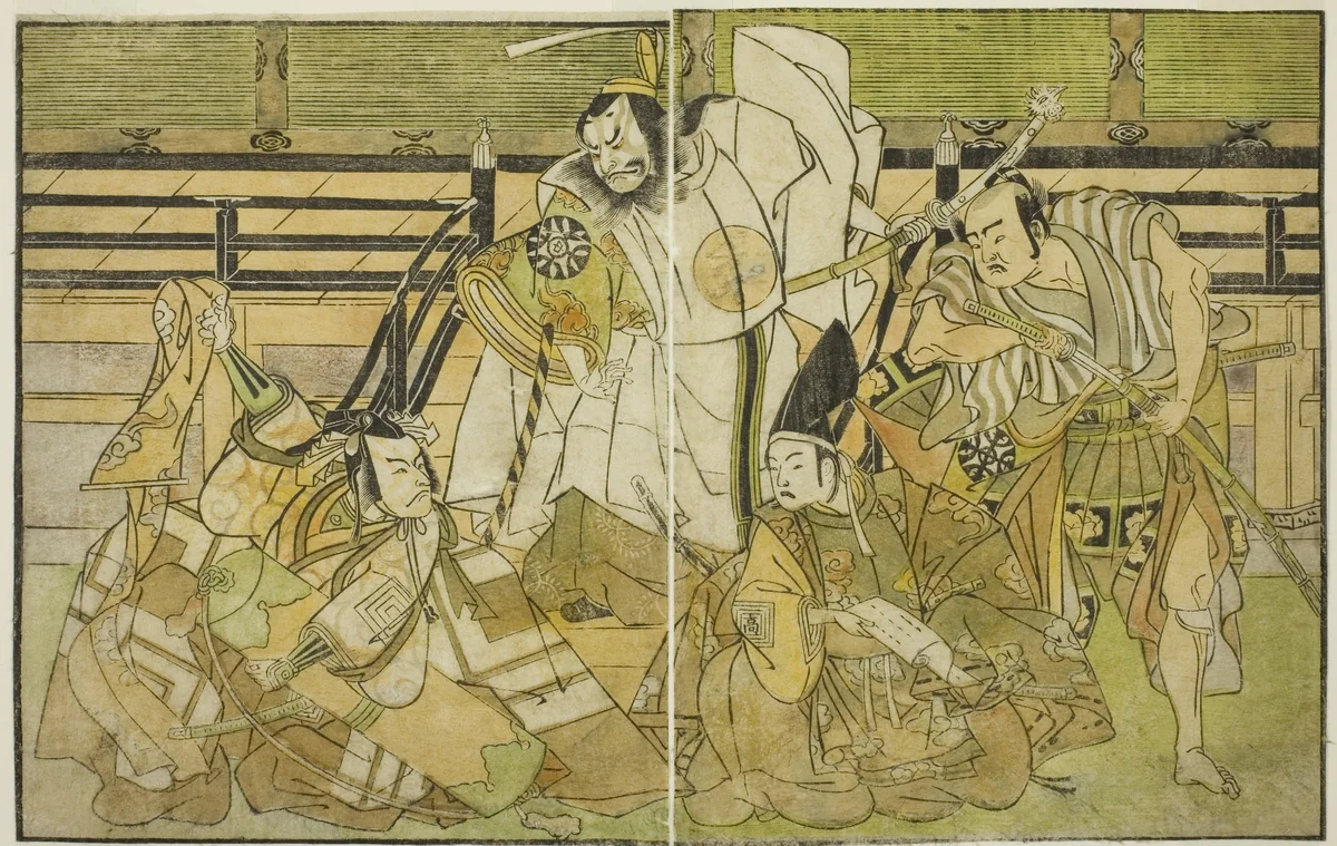 The Actors Nakamura Denkuro II as Seno-o Taro, Ichikawa Komazo II as Yorimasa, Nakamura Nakazo I as Taira no Kiyomori, and Ichikawa Danjuro V as Kiou Takiguchi (right to left), in the Play Nue no Mori Ichiyo no Mato, Performed at the Nakamura Theater in the Eleventh Month, 1770 by Katsukawa Shunsho (勝川 春章), print, 1767-1777