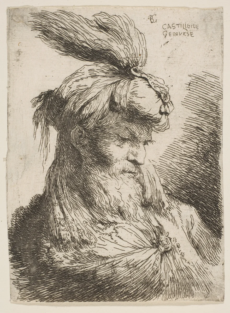 Head of a bearded man with a turban facing right, from "Small Heads in Oriental Headdress" by Giovanni Benedetto Castiglione, print, 1640-1650