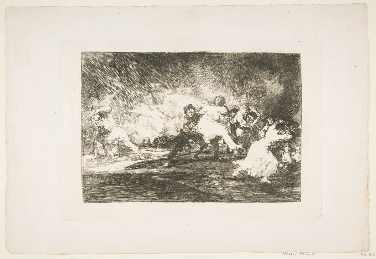 Plate 41 from "The Disasters of War" (Los Desastres de La Guerra): 'They escape through the flames' (Escapan entre las llamas) by Goya, print, 1810