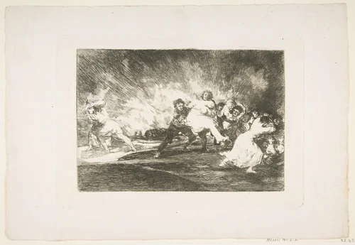 Plate 41 from "The Disasters of War" (Los Desastres de La Guerra): 'They escape through the flames' (Escapan entre las llamas) by Goya, print, 1810