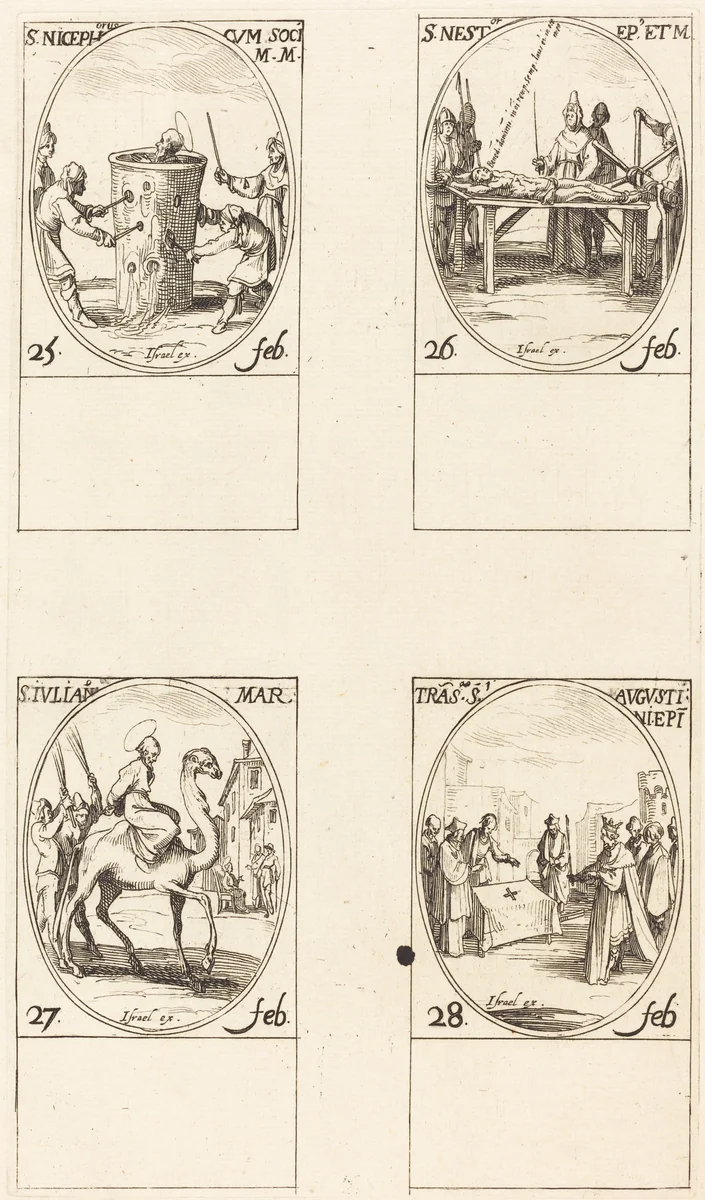 St. Nicephorus; St. Nestor; St. Julian; Translation of St. Augustin by Jacques Callot, print, 1627-1637
