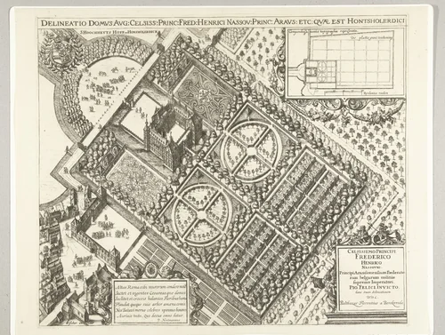 Gezicht op Honselaarsdijk in vogelvlucht by Balthasar Florisz. van Berckenrode, print, 1635-1652