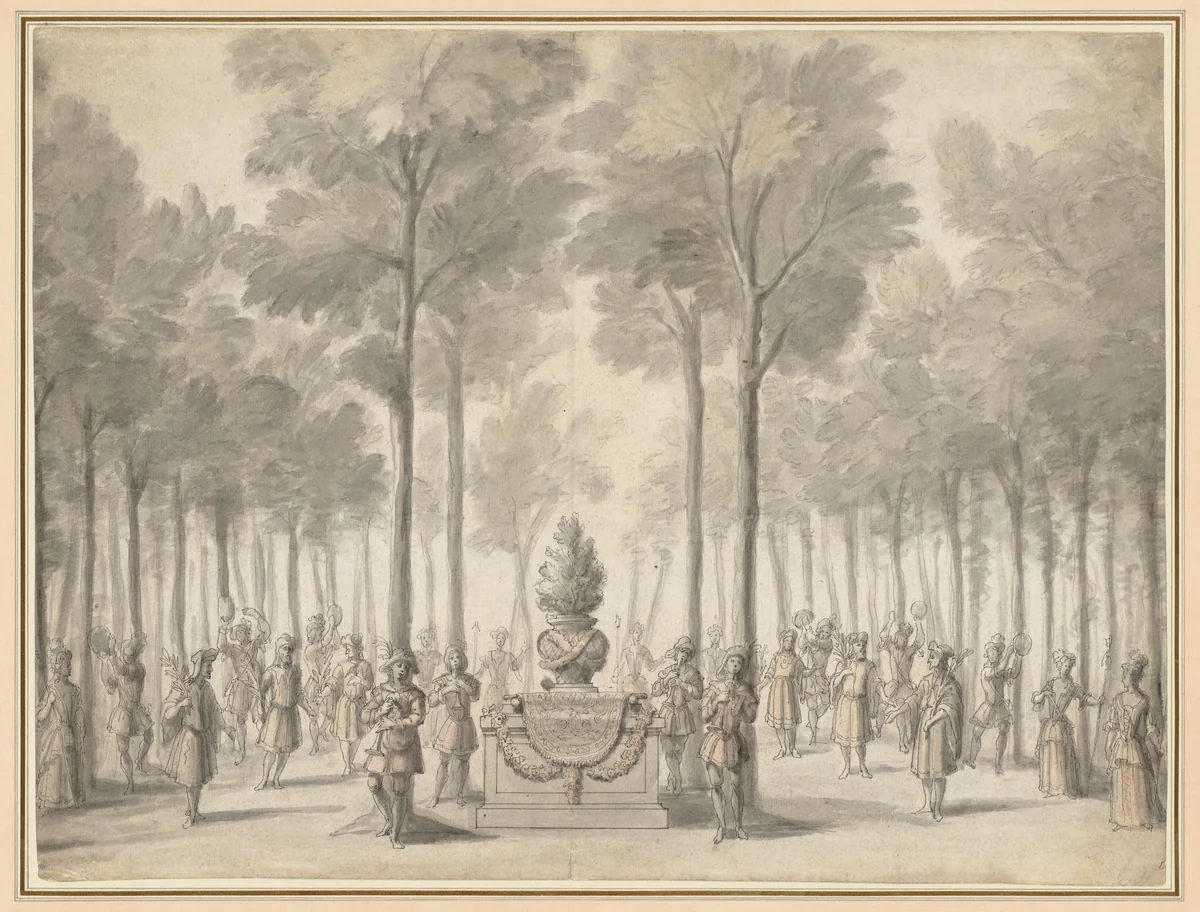 Design for the Divertissement from "La Pastorale" (First Entrée of the opera-ballet "Les Muses" by Danchet and Campra") by Jean Bérain, drawing, 1703