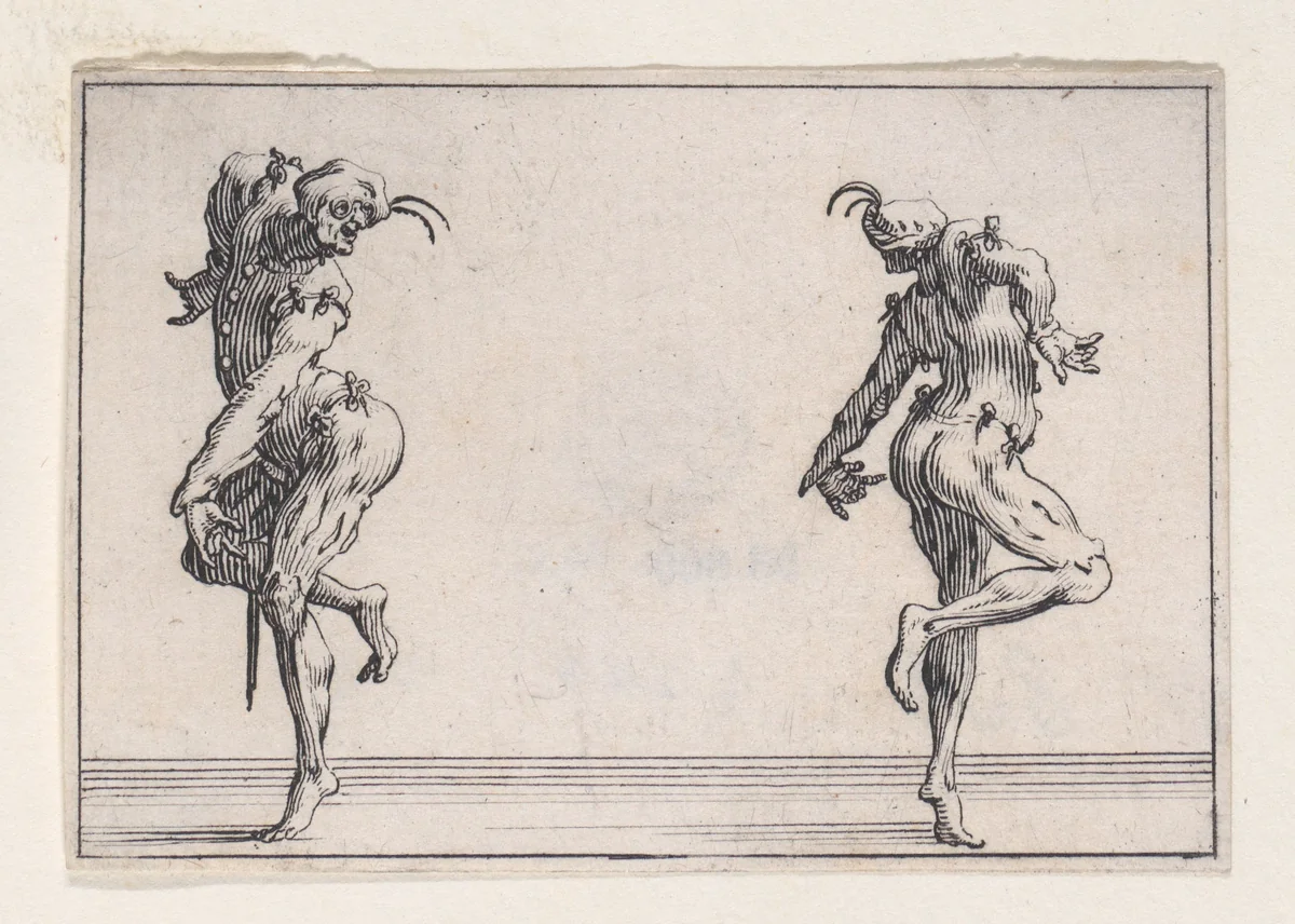 Les Deux Pantalons se Tournant le Dos (Two Men in Pantsuits Turned Away from Each Other), from Les Caprices Series A, The Florence Set by Jacques Callot, print, 1617