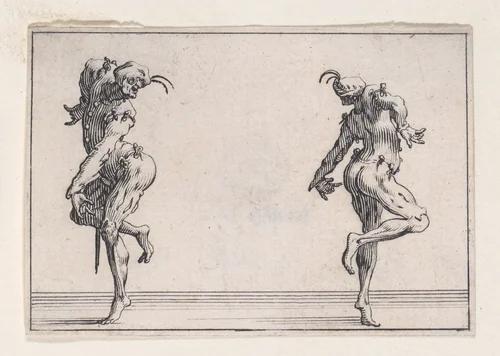 Les Deux Pantalons se Tournant le Dos (Two Men in Pantsuits Turned Away from Each Other), from Les Caprices Series A, The Florence Set by Jacques Callot, print, 1617