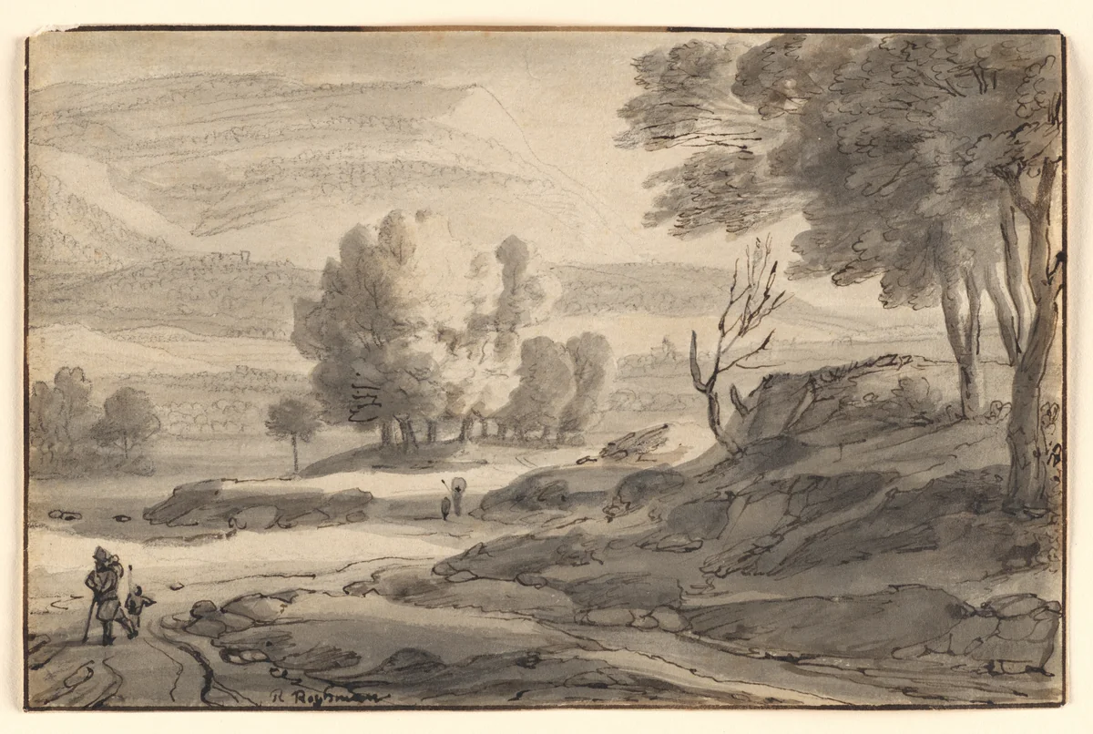 Mountainous River Landscape with Figures by Roelant Roghman, drawing, 1647-1670