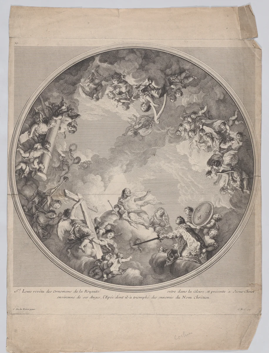 Saint Louis presenting his sword to Christ, after a ceiling design by Charles Nicolas Cochin II, print, 1755-1790