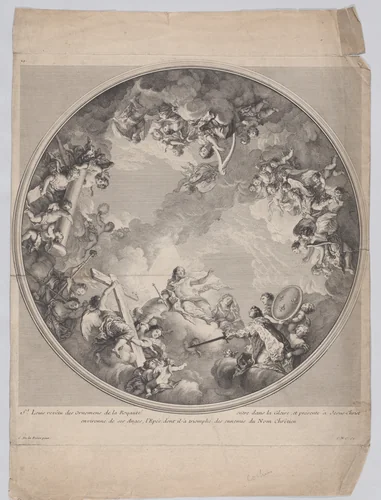 Saint Louis presenting his sword to Christ, after a ceiling design by Charles Nicolas Cochin II, print, 1755-1790