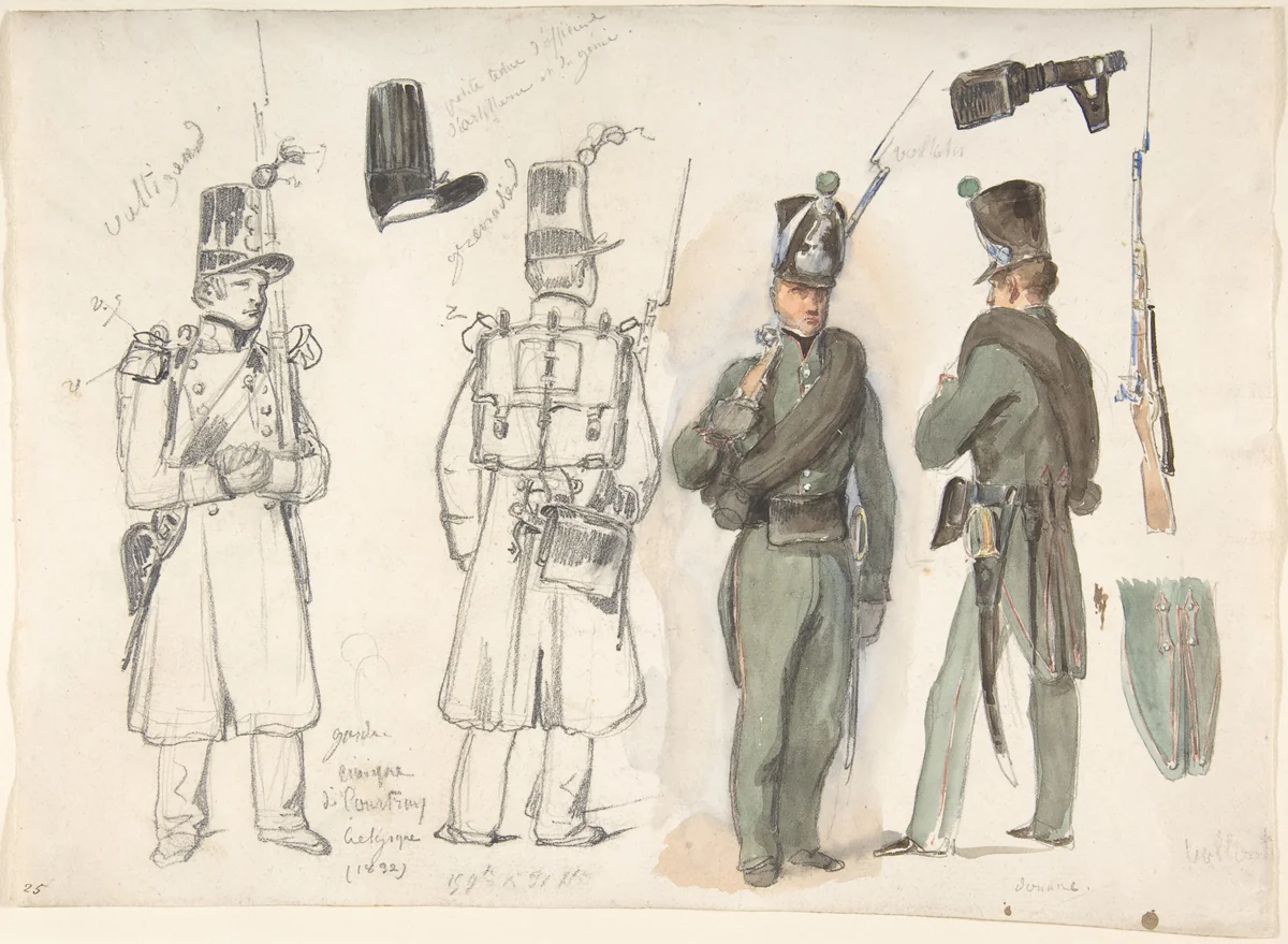 Uniforms of the civil guard in Courtray, Belgium by Auguste Raffet, drawing, 1832