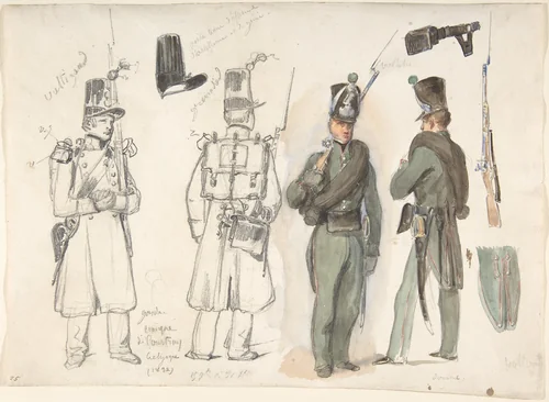 Uniforms of the civil guard in Courtray, Belgium by Auguste Raffet, drawing, 1832