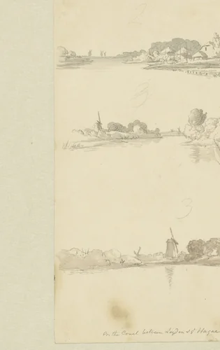 Drie schetsen met gezichten tussen Leiden en Den Haag by Robert Hills, drawing, 1811-1816