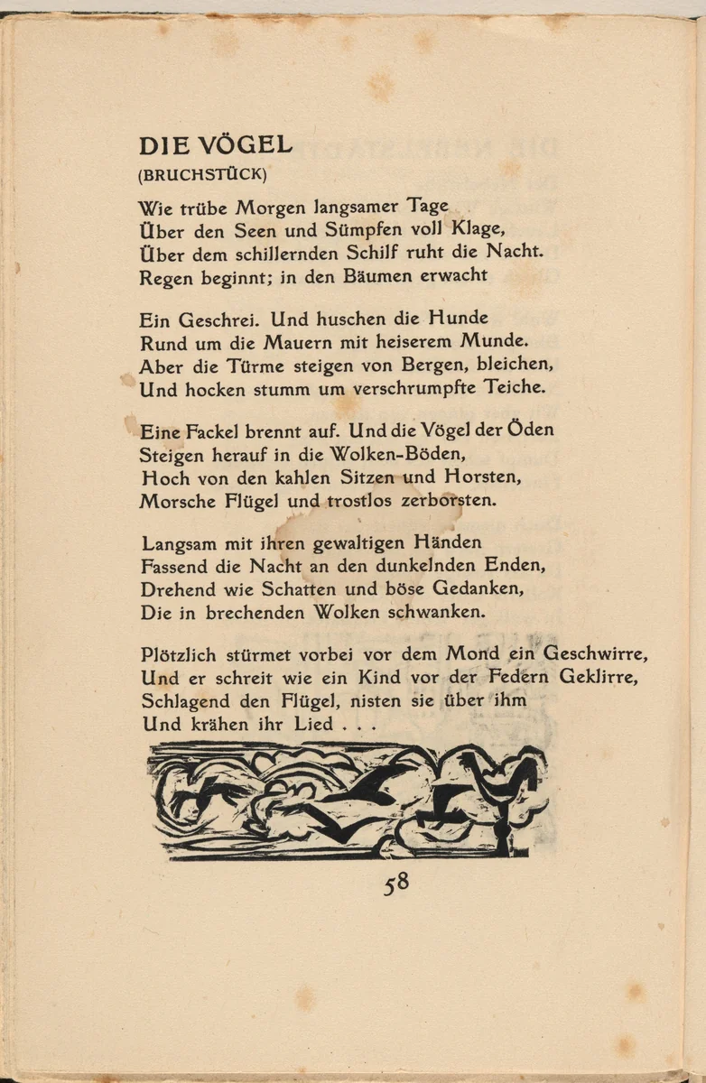 Die Vögel (The Birds) (in-text plate) from mock-up of Georg Heym: Umbra Vitae (Georg Heym: Shadow of Life) by Ernst Ludwig Kirchner, volume, 1912-1922