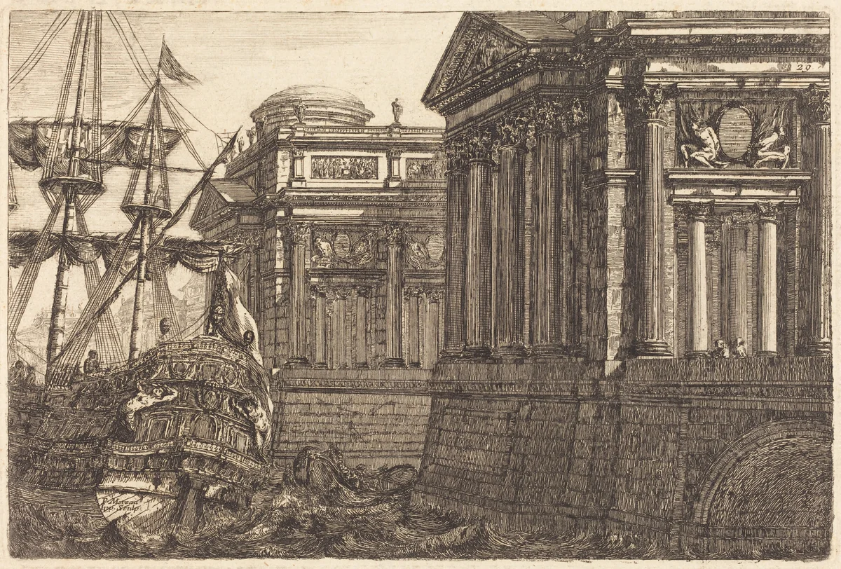 Imaginary Port Scene by Pierre Moreau, print, 1682-1762