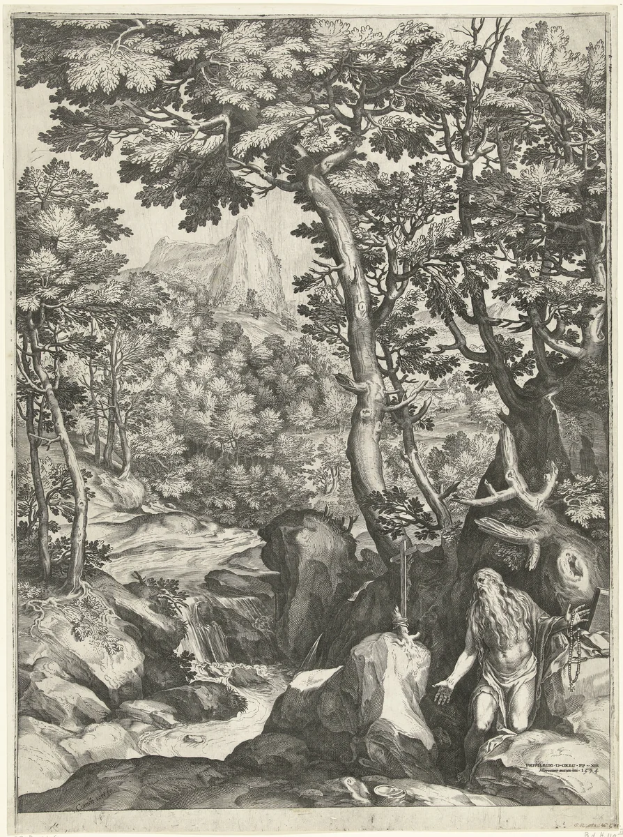 Landschap met de H. Onuphrius by Unknown, print, 1574