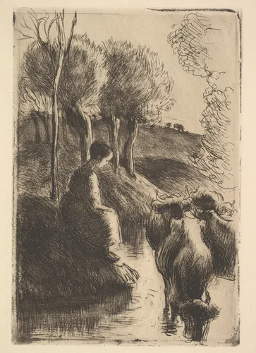 Cowherd, at Water's Edge by Camille Pissarro, print, 1890