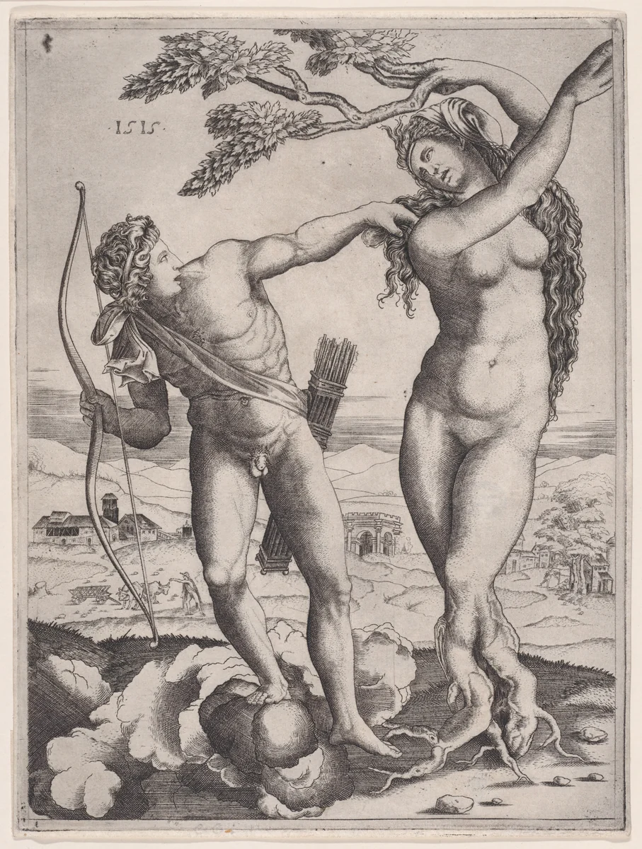 Apollo and Daphne by Agostino Veneziano, print, 1510-1520
