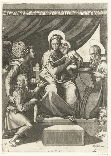 Maria met kind geflankeerd door aartsengel Michaël met Tobias met vis en heilige Hieronymus by anonymous, print, 1520-1550