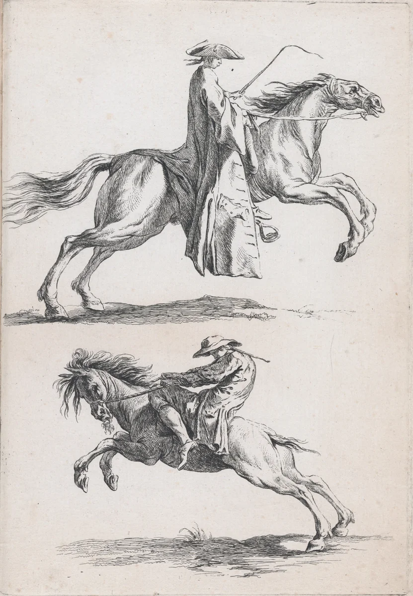 Study of Young Horsemen, pl. XV from "Recueil de caricatures" by Ange Laurent de La Live de Jully, print, 1749-1759