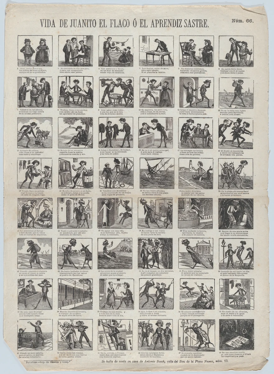 Broadside with 48 scenes relating to the life of Juanito the Skinny one, or, the apprentice tailor by Antonio Bosch, print, 1855-1865