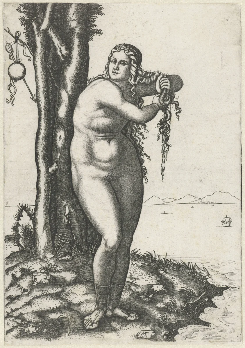 Venus staat op waterkant en wringt water uit haar haar by Unknown, print, 1506