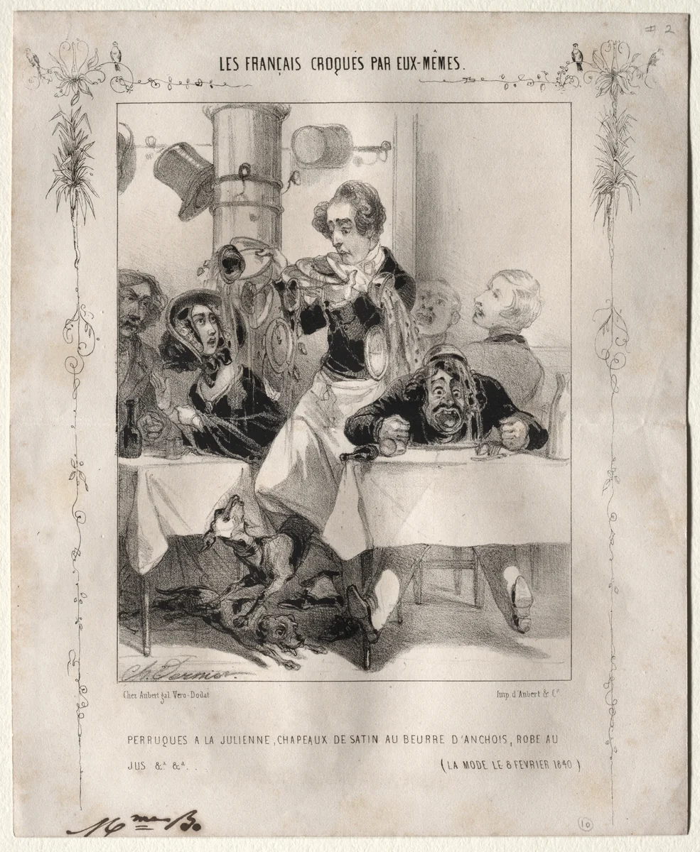 Les Français croquès par eux-mêmes: Perruques a la Julienne, Chapeaux de satin au beurre d'anchois, robe au jus by Charles Vernier, print, 1840