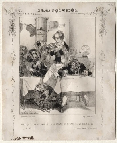 Les Français croquès par eux-mêmes: Perruques a la Julienne, Chapeaux de satin au beurre d'anchois, robe au jus by Charles Vernier, print, 1840