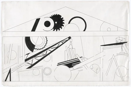Study for Mechanical Engineering Pavilion mural at the All-Russian Exhibition for Agriculture and Home Industries (Vserossiiskaia sel’skokhoziaistvennaia i kustarno-promyshlennaia vystavka), Central Park of Culture and Leisure (now Gorky Park), Moscow by Alexandra Exter, drawing, 1923