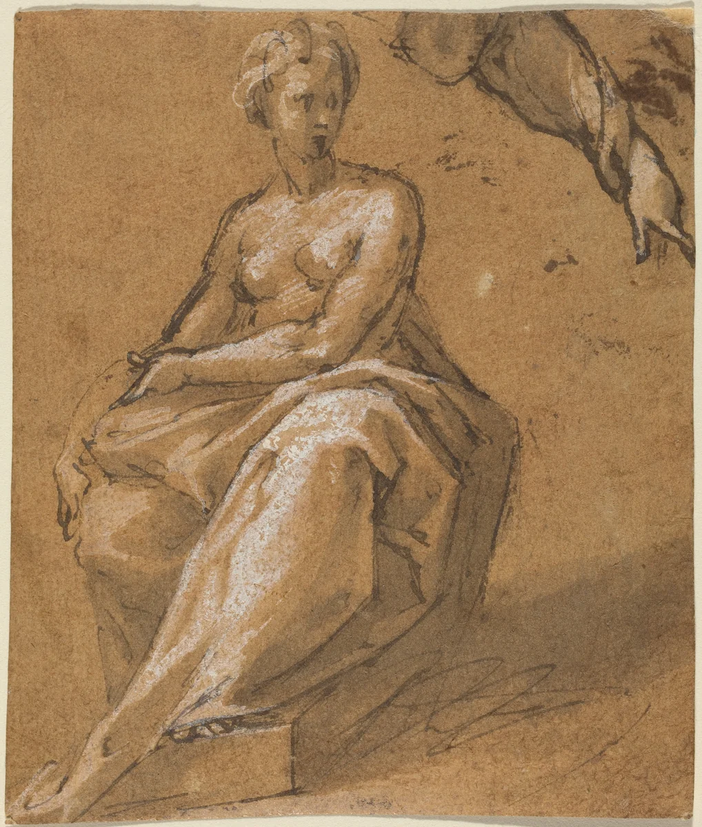 Seated Nude with Drapery by Bartholomaeus Spranger, drawing, 1546-1611
