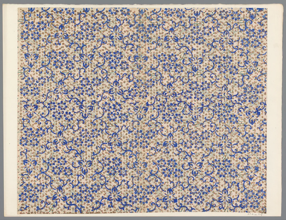 Blad met strooipatroon over strooipatroon van bloemen en gestileerde ranken met sterretjes en gestippelde delen by anonymous, print, 1800-1900