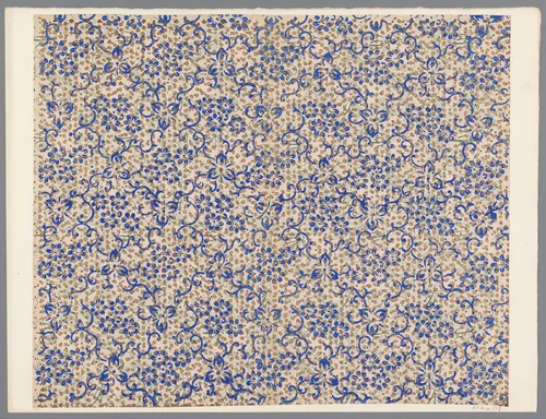 Blad met strooipatroon over strooipatroon van bloemen en gestileerde ranken met sterretjes en gestippelde delen by anonymous, print, 1800-1900