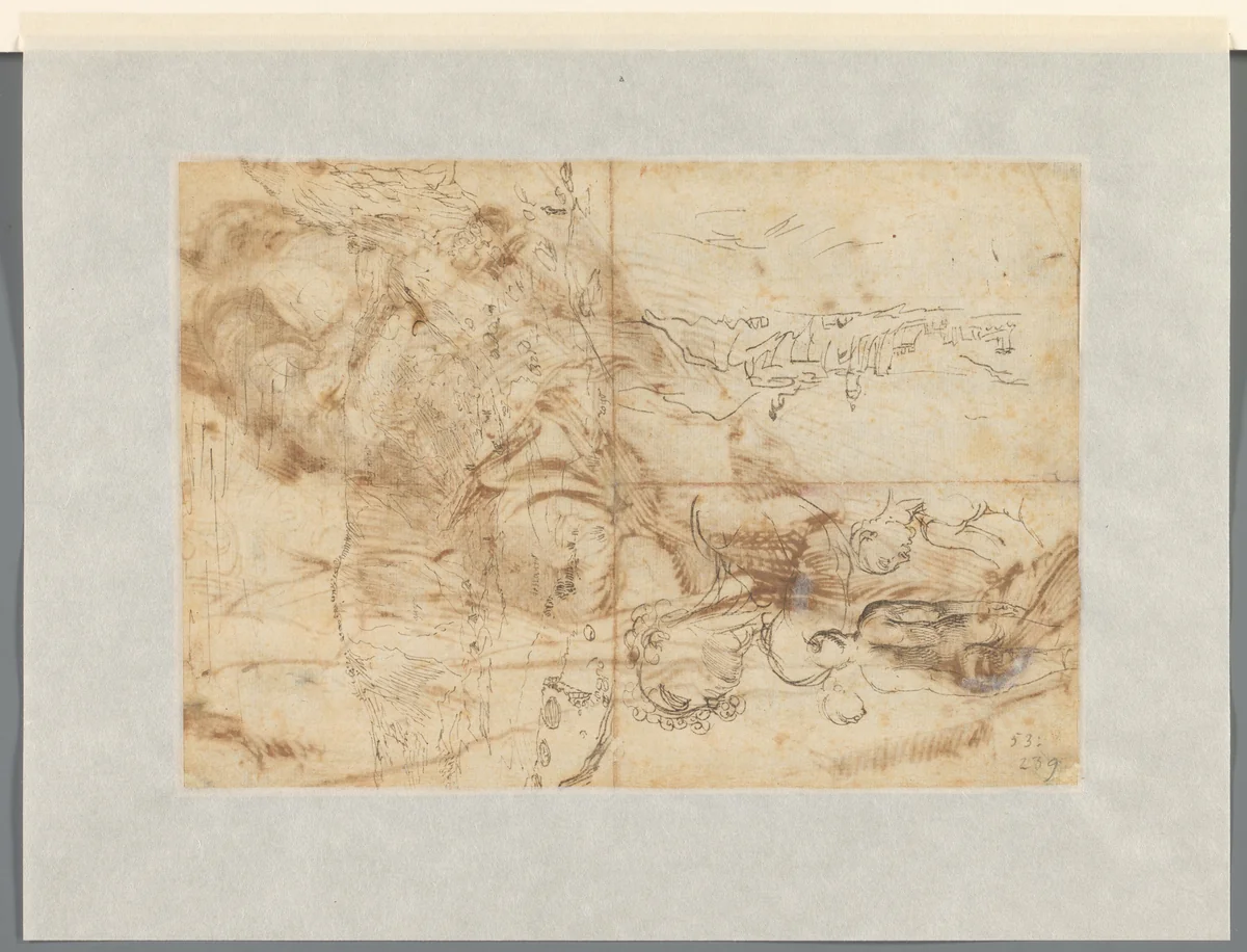 Twee landschappen met bergen, en een aantal figuurschetsen by anonymous, drawing, 1600-1699