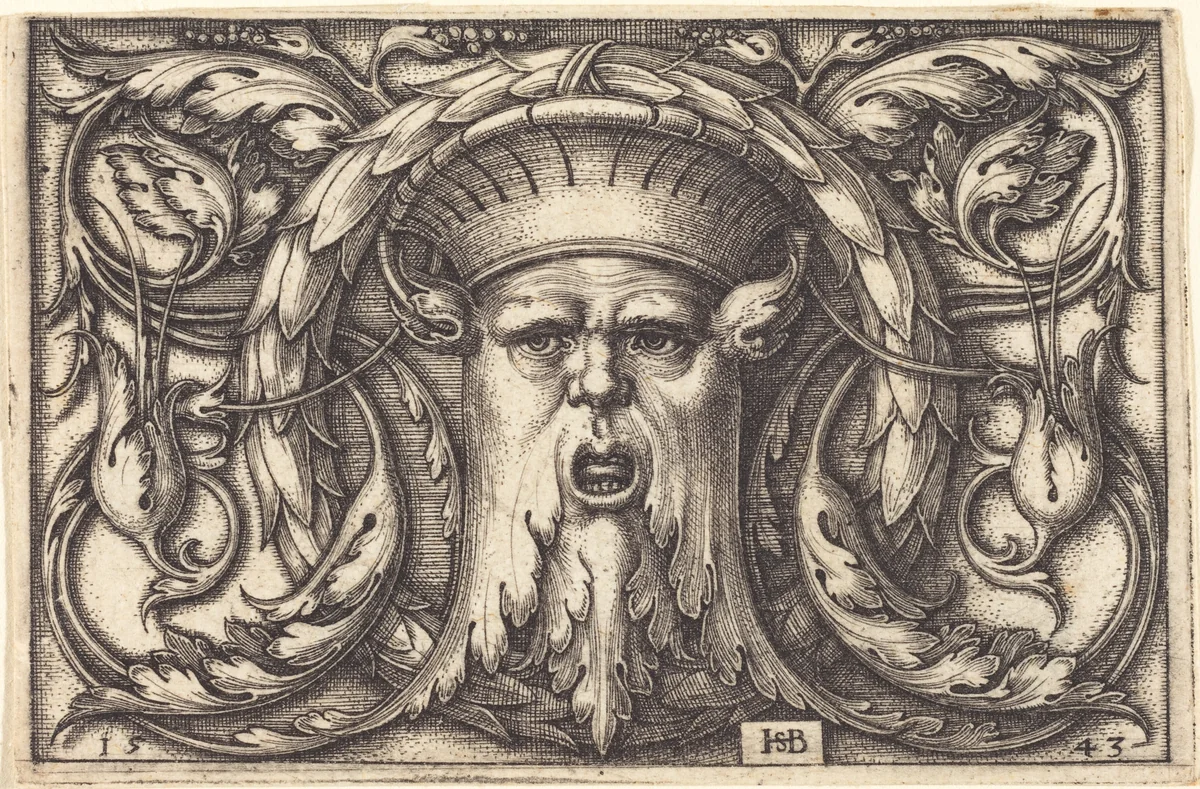 Ornament Panel with a Large Bearded Mask by Sebald Beham, print, 1543