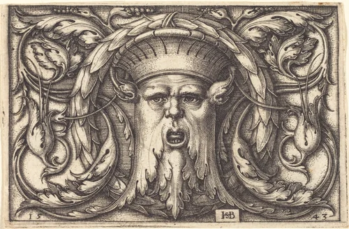 Ornament Panel with a Large Bearded Mask by Sebald Beham, print, 1543