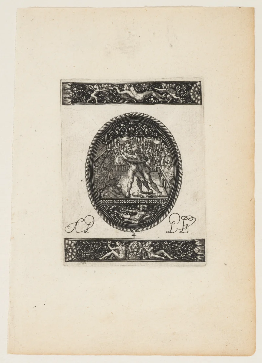 Oval Watch Case with a Wrestling Match, from a Series of Six Designs for Watch Cases by Antoine Jacquard, print, 1605-1615