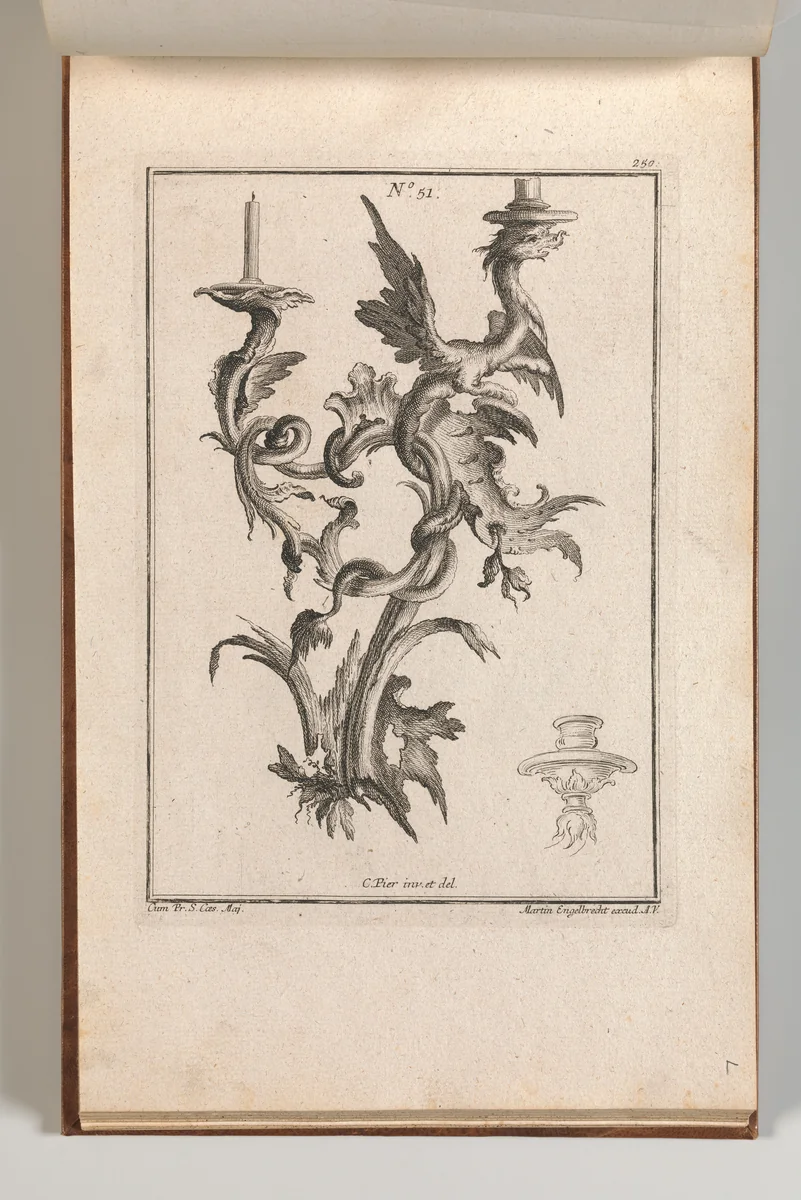 Design for a Two-Armed Candelabra with a Dragon, Plate 1 from an Untitled Series of Designs for Suspended Candelabras by Carl Pier, book, 1745-1755