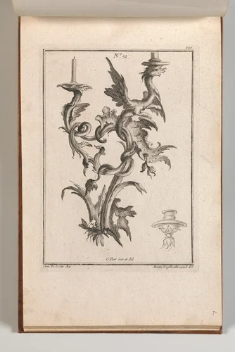 Design for a Two-Armed Candelabra with a Dragon, Plate 1 from an Untitled Series of Designs for Suspended Candelabras by Carl Pier, book, 1745-1755