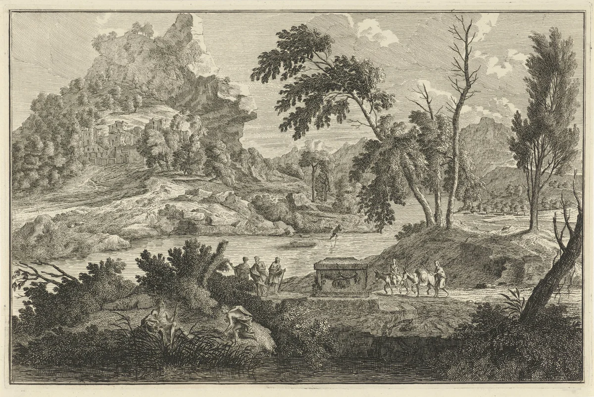 Arcadisch rivierlandschap met twee ezels by Adolf van der Laan, print, 1710-1747