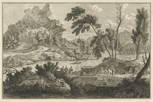 Arcadisch rivierlandschap met twee ezels by Adolf van der Laan, print, 1710-1747