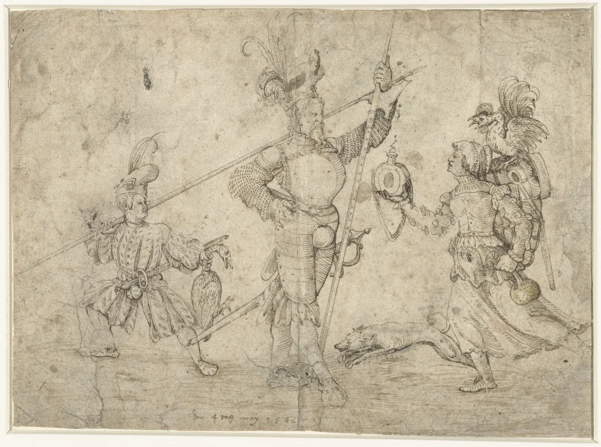 Allegorische voorstelling met hellebaardier, schildknaap en vrouw by Unknown, drawing, 1562