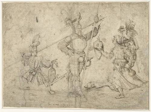 Allegorische voorstelling met hellebaardier, schildknaap en vrouw by Unknown, drawing, 1562