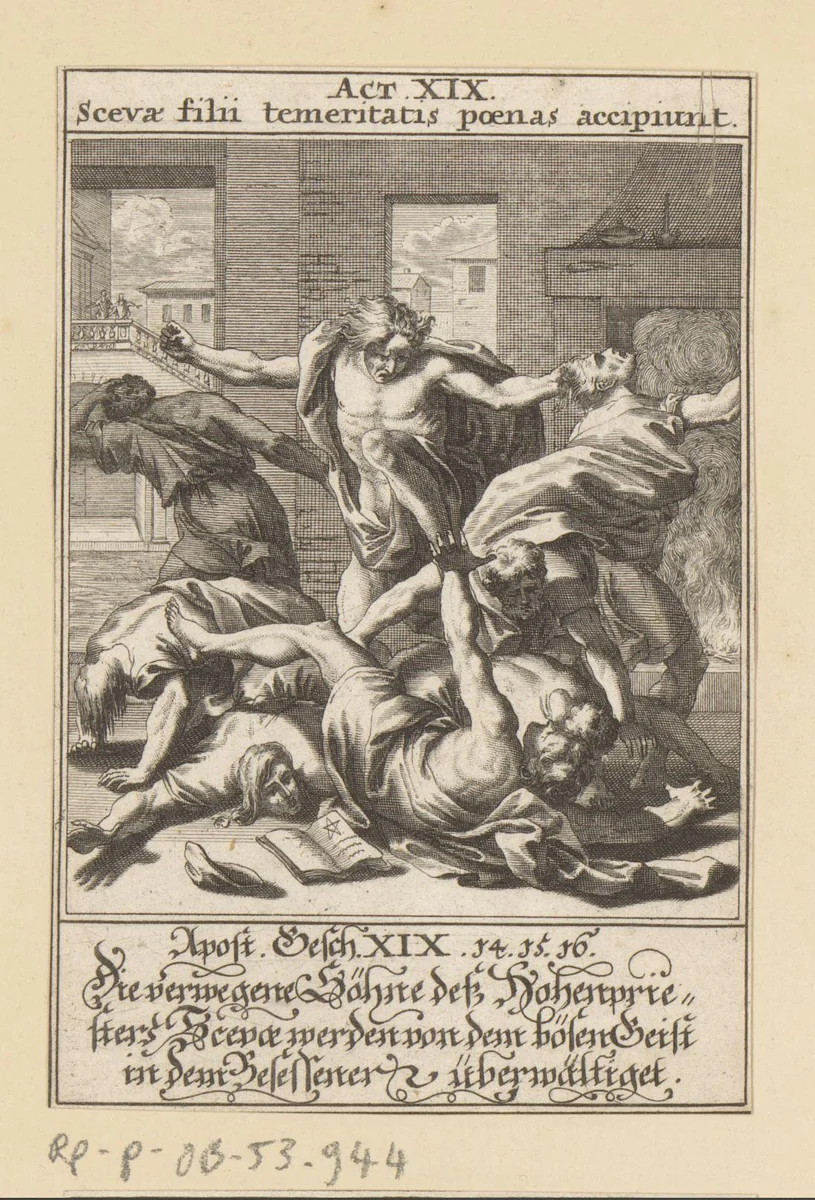Zonen van Sceva door een bezeten man overweldigd by anonymous, print, 1697