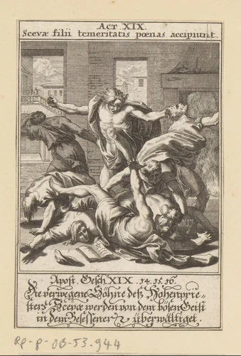 Zonen van Sceva door een bezeten man overweldigd by anonymous, print, 1697