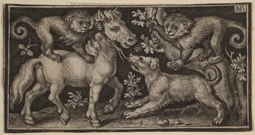Horse with Two Monkeys and a Dog by Nicolaes de Bruyn, print, 1594