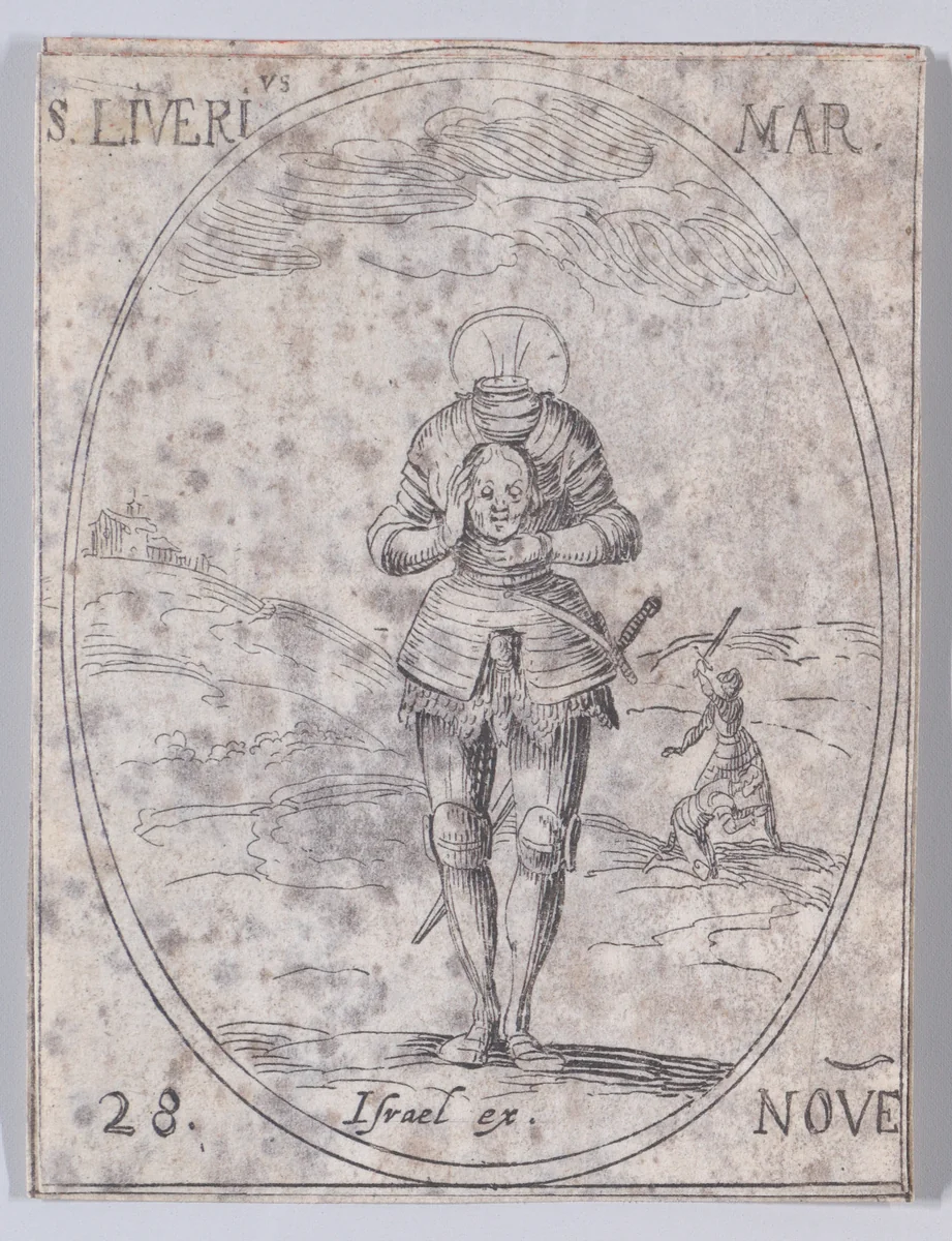 St. Livier, Martyr, November 28th, from "Les Images De Tous Les Saincts et Saintes de L'Année" (Images of All of the Saints and Religious Events of the Year) by Jacques Callot, print, 1636