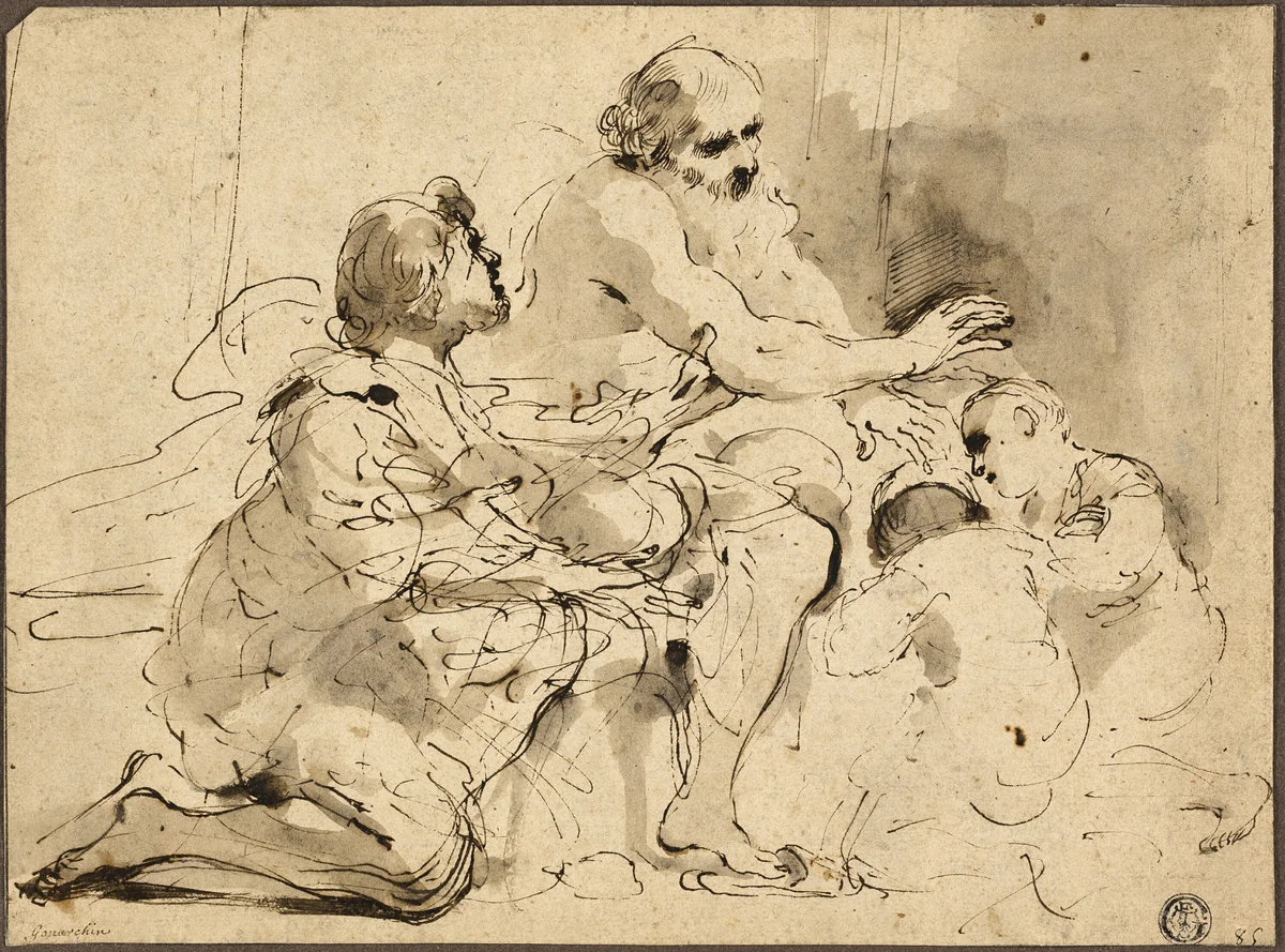 Study for Jacob Blessing the Sons of Joseph (recto); Sketches: Saint Christopher; Two Figures in Conversation over Money (verso) by Giovanni Francesco Barbieri, drawing, 1615-1625